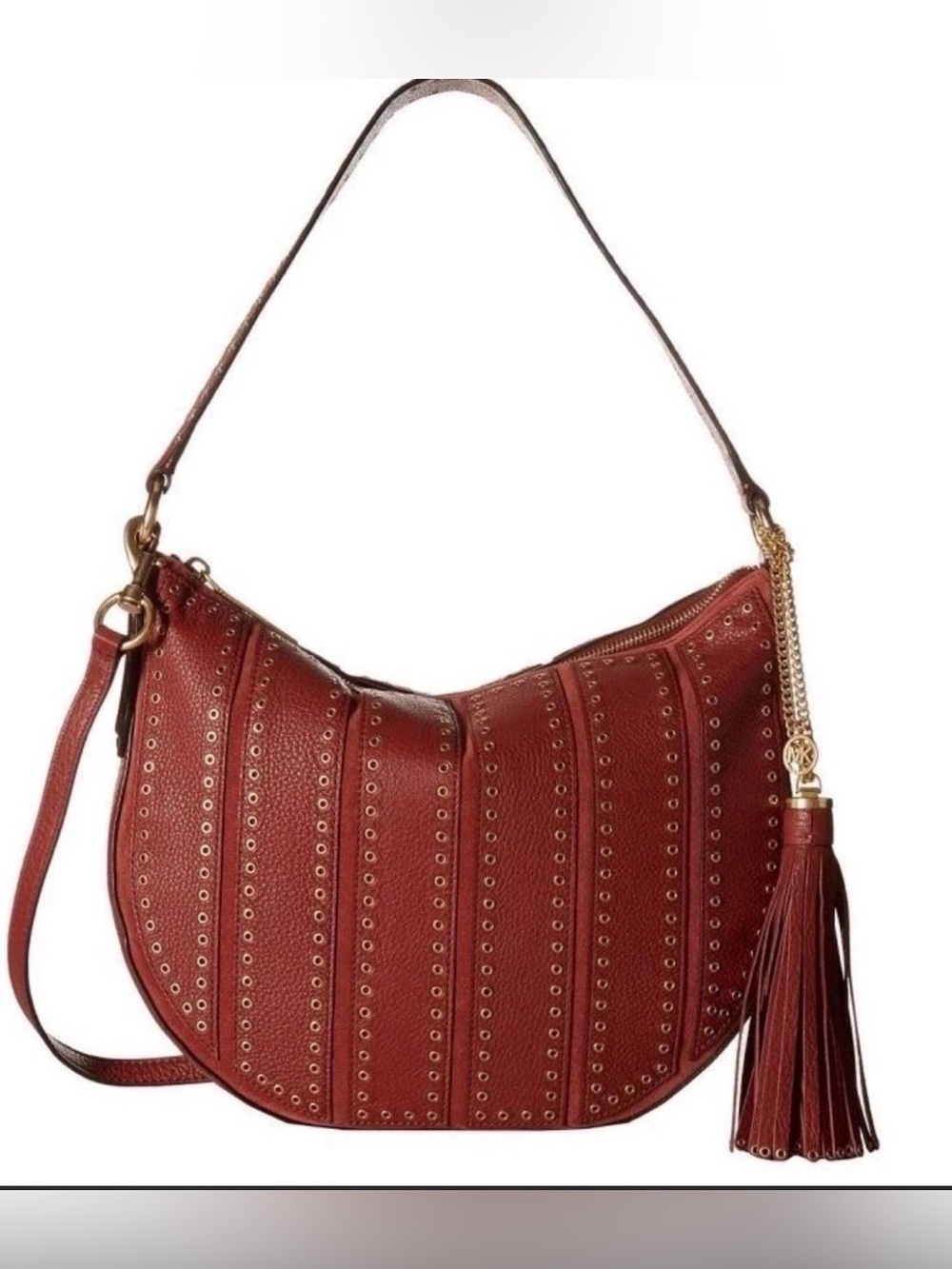 Michael Kors Brick red Brooklyn Studded Hobo Crossbody with Tassel